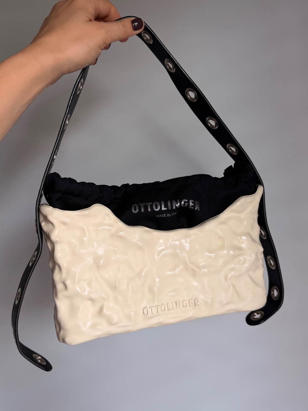 Ottolinger Cream Patent Shoulder Bag with Grommet Strap